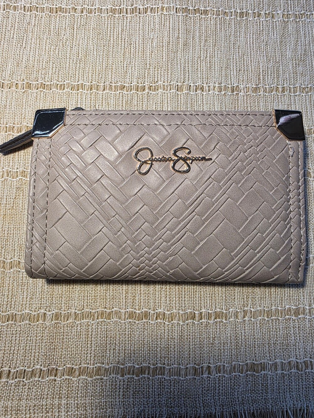 Jessica Simpson Woven Taupe Card Wallet with Gold Accents